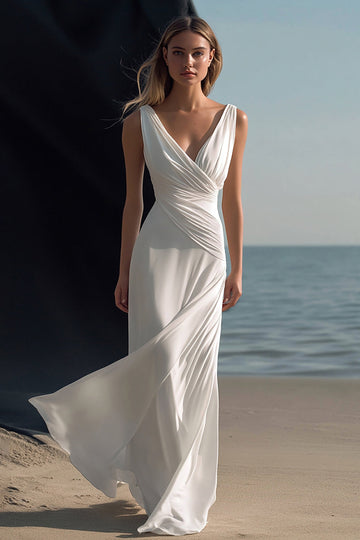 Robe de plage longue blanche style boho à col en V
